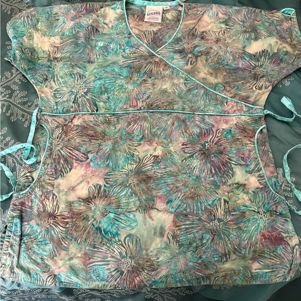 SCRUBS Floral Wrap Blouse - Turquoise and Mauve